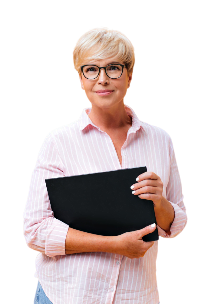 mujer-negocios-adulta-anteojos-mira-camara-sostiene-tableta-papel - copia